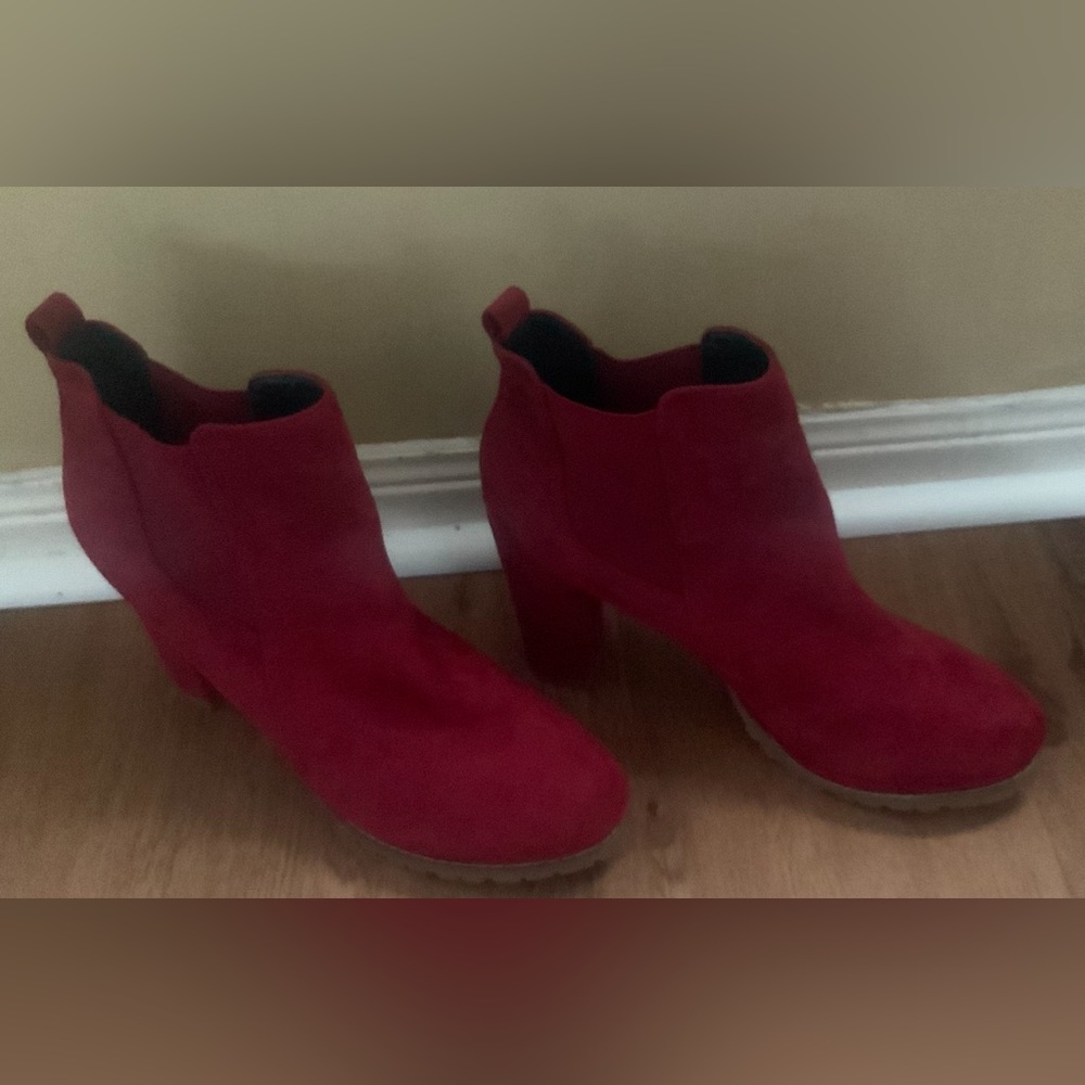 Red Suede bootie. The brand is Jolimail. Great for the winter